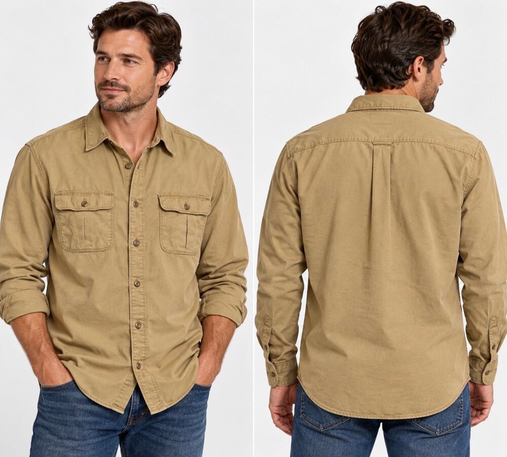 Vintage Eddie Bauer Mens XL Khaki Tan Button Down Shirt Cotton Utility Workwear